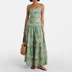 Agua by Agua Bendita Lima Green Hand-embroidered Floral Linen Maxi Dress